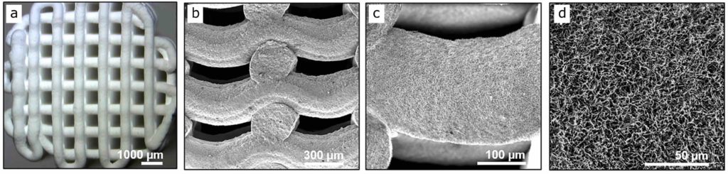 La figure est divisée en 4 images notées a, b, c et d de gauche à droite, qui sont chacune davantage zoomée que la précédente. L'image "a" représente une vue de dessus de l'implant à l'échelle macroscopique. Il a la forme d'un cercle rempli avec un quadrillage formé par les filaments de l'implant. Les filaments ont été déposés couche par couche et chaque couche a une orientation de 90° par rapport à la couche qui la précède (la 1ère couche a une orientation à 0°). L'échelle est 1000 micromètres. L'image "b" représente une vue de côté très zoomée de l'implant. On y voit des filaments horizontaux qui ont une forme de vague et des filaments dans le plan de l'image, qui ont une coupe circulaire. L'échelle est 300 micromètres. L'image "c" représente un filament horizontal, en forme de vague, de l'implant. L'échelle est 100 micromètres. L'image "d" représente une vue très zoomée de la surface d'un filament de l'implant, qui a l'aspect d'une éponge. L'échelle est 50 micromètres.